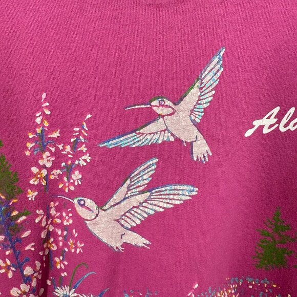 Vintage Alaska Wildflower Hummingbirds Painted Screenprinted Pink Sweatshirt - Picture 7 of 8